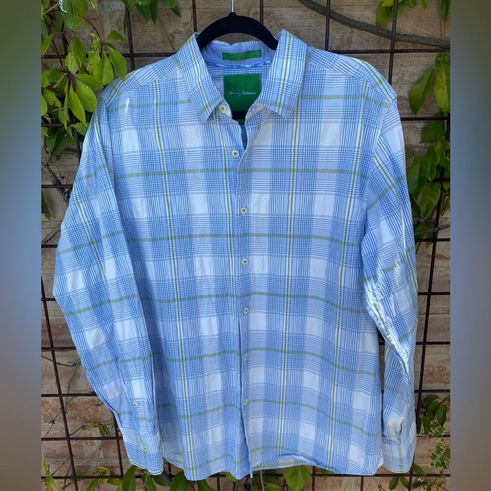 Tommy Bahama L blue/green plaid shirt